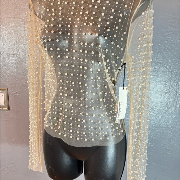 Haute Monde Mesh Rhinestone Faux Pearl Top - Nude - Picture 10 of 12